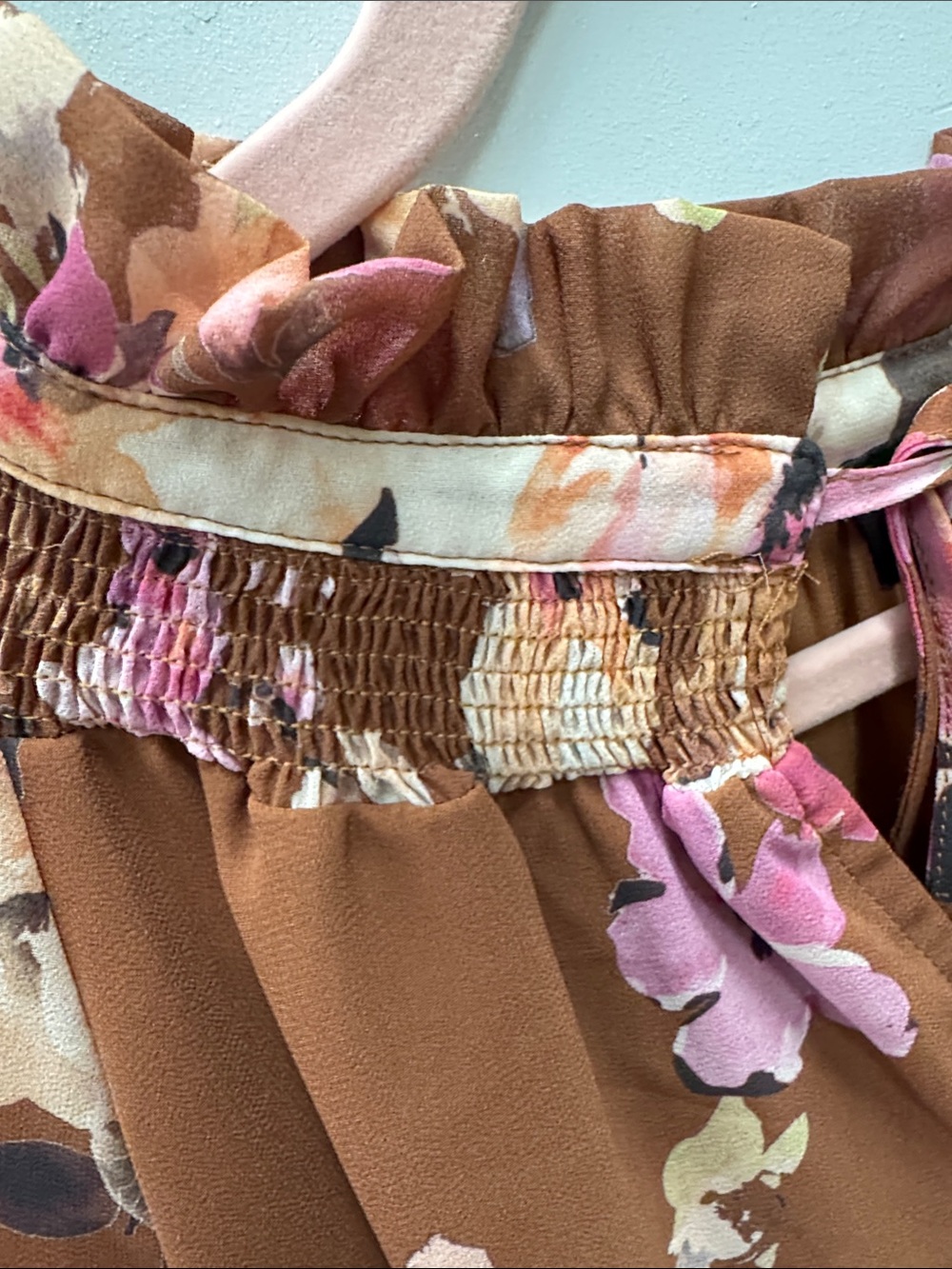 Floral Ruffle Neck Peasant Blouse - Brown/Pink - Picture 3 of 6
